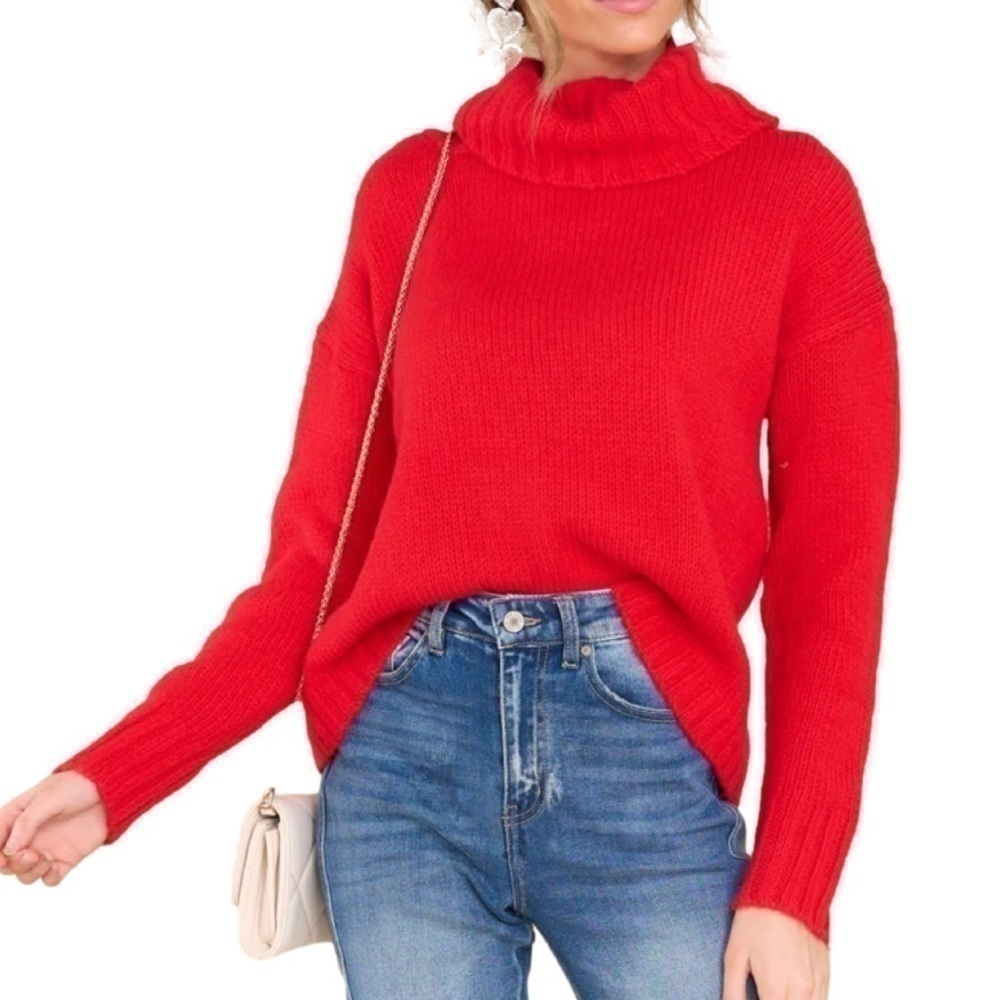FABLE Red Chunky Cowl Neck Sweater, M/L
